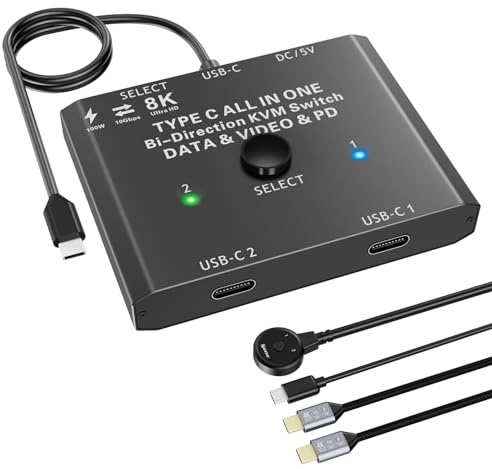 YOUTINGHDAV USB C-omkopplare 2 i 1 out, USB C KVM-switch 2 bärbara datorer 1 bildskärm 4K@120 Hz, 10 Gbps, 100 W PD, USB3.1 Gen 2, Wired Remote