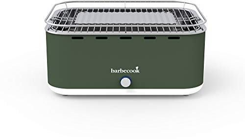 Barbecook Rauchfreier Holzkohlegrill Tischgrill mit Tragetasche geeignet für Balkon als Outdoor Camping-Grill mit eingebauten Gebläse, spülmaschinen-fest, Grün
