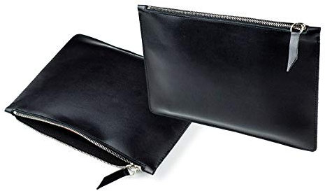 DELMON VARONE - Personalisierbare Banktasche mit Reißverschluss DIN A5 aus Boxcalf Leder Schwarz, Premium Geldtasche für Geldscheine, Münzen und Dokumente, Damen und Herren Echtleder Geldscheintasche