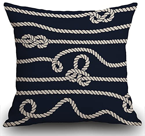 Smooffly Navy Cushion Cover, Marine Rope Knot Endless Navy with White and Lumbar 18 x 18 Inches Decorative Throw Pillow Cover Cotton Linen for Sofa Bedroom Car 45x45cm