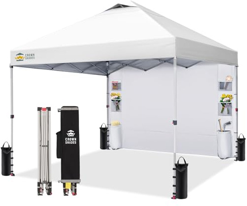 CROWN SHADES Canopy Tent 10x10 Pop Up Canopy Outdoor Shade with Pockets Sidewall, Easy Up Sun Shelter with One Person Set Up Center Lock, Portable Instant Camping Beach Canopy Tents, Grid White