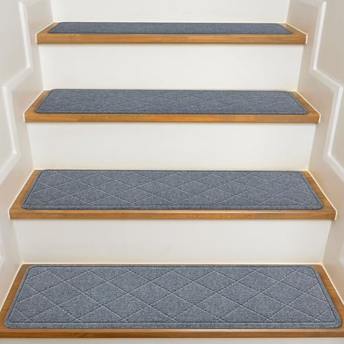 KOOTETA Stair Treads for Wooden Steps Indoor, 15 Pack 8 X 30 Non Slip Carpet Stair Treads with Reusable Adhesive for Kids Elders and Dogs, Surface Polyester TPR Backing Stair Runner Rugs, Dark Grey