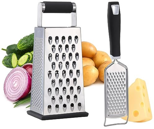 2 Pack, Cheese Box Grater & Handheld Cheese Grater Set, Stainless Steel Vegetable Slicer Food Shredder 4-Sided Convenience Gadgets with Lemon Zester Grater with Handle, Kitchen Gadgets and Tools