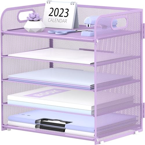 SUPTIDY 5 Trays Paper Organiser Letter Tray with Handle-Mesh Desk File Organiser, A4 Paper Sorter Desk Organiser for Office, Home or School, Purple