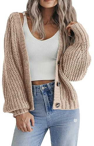 Hotouch Strickjacken Für Damen Cardigan Kurz V-Ausschnitt Knöpfen Grobstrick Strickjacke Einfarbig Langarm Lässig Strickmantel Khaki L