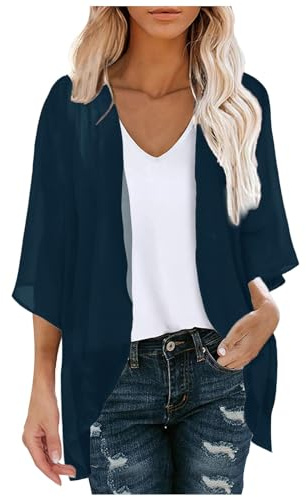Chiffon Kimono Cardigans for Women UK Loose Open Front Kimono Cardigans Open Front Baggy Lightweight Sweater Comfort Cover ups for Ladies Summer Dressy Top Ladies Cardigan Casual Loose (Navy, XXXL)
