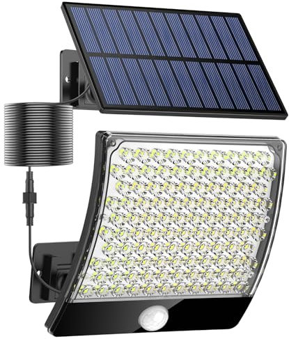 MPJ - Lámparas solares para exteriores (105 ledes, sensor de movimiento, impermeabilidad IP65, ángulo de iluminación 125°, aplique mural para jardín, con cable de 5 m