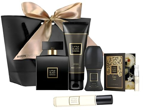 AVON LITTLE BLACK DRESS Parfüm Spray 50 ml, Taschenspray 10 ml, Bodylotion 125 ml, Deoroller 50 ml, Geschenktasche, Duftprobe, Damenmode, Luxusduft, Blumiger, Modeklassiker.