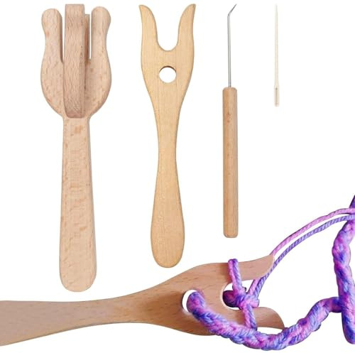 Juego de tenedores de tejer, juego de 4 piezas de madera, juego de tenedores de ganchillo portátiles, agujas de ojo grandes, ajustable, kit de ganchillo de horquilla Russet para hacer alfombras