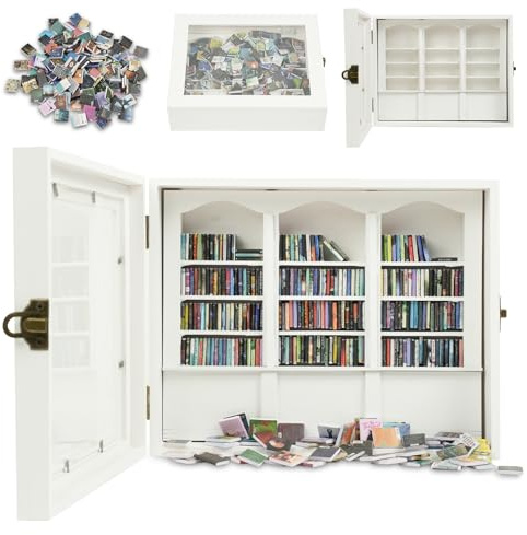 TABTAG ångestbokhylla – skaka av din ångest, miniatyrvisningshylla, innehåller 200 miniatyrbokmodeller, antik stil presentdekoration mini bokhylla (vit)