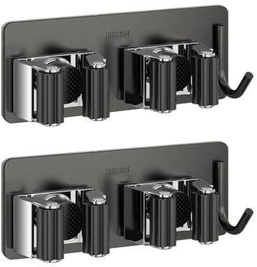 HTRTRR Lot de 2 supports muraux 3 en 1 pour outils de jardin en acier inoxydable - Support mural autocollant pour cuisine, maison, salle de bain, garage, jardin