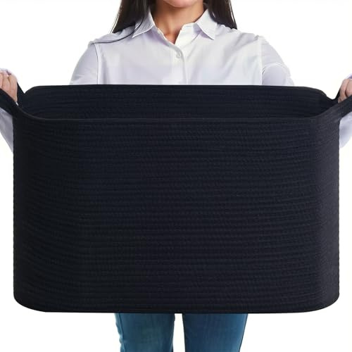 JOJOSEE Large Storage Basket, Blanket Basket for Clothes Bedding, Woven Storage Baskets, Toy Storage for Kids, Rope Basket for Living Room, Nursery, Bedroom 55x38x30 cm (Black, 1 Pack)