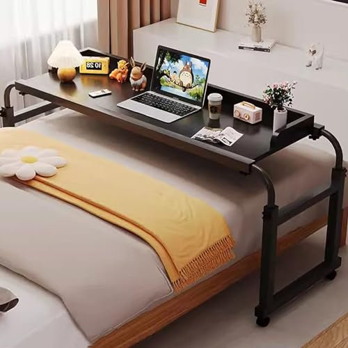 Table de lit réglable avec 4 roulettes pour poste de travail debout et plateau de nourriture pour lit jumeau/double/grand lit/king size, table médicale roulante pour usage domestique Couleur : noir