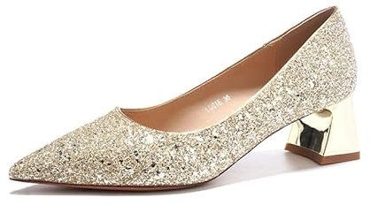 TNMIUH Escarpins à Bout Pointu pour Femmes, Chaussures de mariée fermées à Talons Scintillants pour Femmes Talons épais Chaussures de mariée à Talons Or Rose, Argent,d'or,36 EU