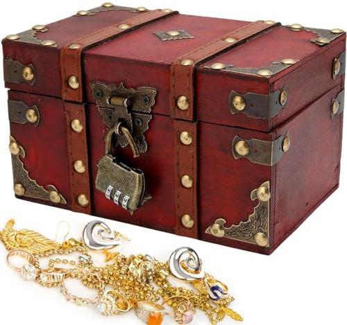 AOTOPYU Scrigno del Tesoro in Legno Con Lucchetto Pirati Scatola Portaoggetti Baule Vintage, Scrigno del tesoro in legno vintage, portagioie con coperchio, regalo fatto a mano (L:22 * 15 * 14cm)