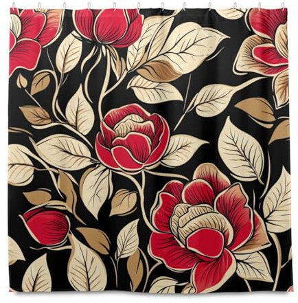 miaozhen Tenda da doccia moderna in tessuto impermeabile con gancio, 182 x 183 cm, con rose rosse vintage, materiale lavabile in lavatrice, tenda da doccia per vasca da bagno per cortine di ba? o