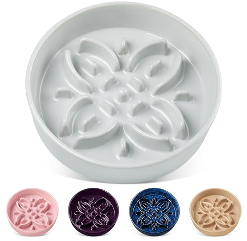 vancasso Ceramic Slow Feeder Dog Bowls, Puzzle Dog Food Bowls with Floral Maze, Anti -Slip Pet Food Dish for Medium Breed, 1.5 Cups, Grayish Cyan