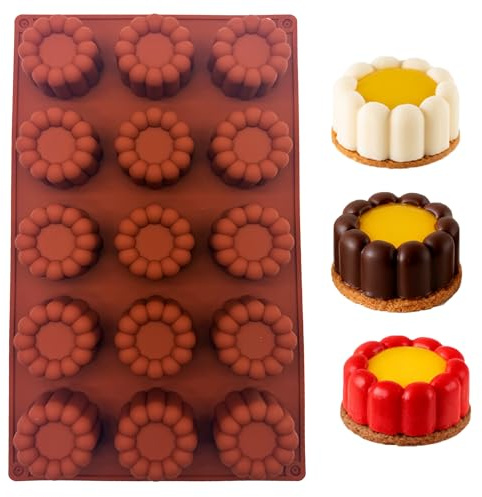 duoyif Molde redondo de chocolate con forma de flor, 15 cavidades Ø 4,4 cm Molde cilíndrico de silicona redondo, Libre de BPA, Moldes para hornear para chocolate tartar tartas praliné (flor, 4.4cm)