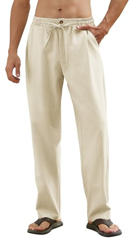 CMTOP Linen Trousers Mens Casual Cotton Trouser Summer Beach Pants Lightweight Men's Pants Straight Legs Trousers Elasticated Waist Yoga Pants with Drawstring, Pockets(Beige,XL)