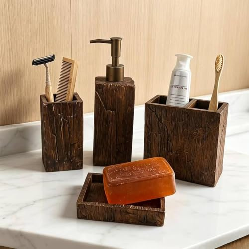 Set de Baño 4 Piezas, Juego Accesorios Baño Incluye Dispensador de Jabón, Soporte para Cepillos de Dientes, Vaso de Enjuague y Jabonera, Diseño de Madera de Estilo Vintage y Envejecido