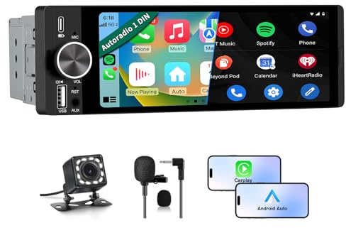 Hexinex 1 DIN Universal Radio Coche con Pantalla Táctil 6.36 Pulgadas, con CarPlay/AndroidAuto, Admite Carga Type-C/USB/Micrófono/FM/EQ/WiFi/GPS/Bluetooth/USB/SWC y Cámara Trasera