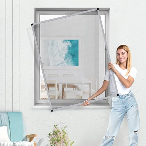 jarolift Fliegengitter für Fenster SlimLine Insektenschutz ohne Bohren, mit Alurahmen Spannrahmen, Mückenschutz Mückengitter, 90 x 150 cm, Silber