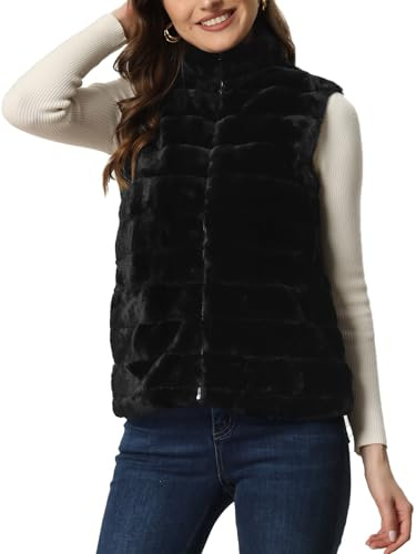 Allegra K Faux Fur Vest for Women's Zip-Up Sleeveless Fur Jacket Large Black