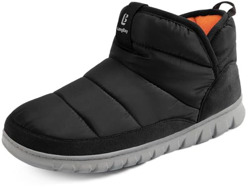 LongBay Men's Nylon Boots Warm Memory Foam Non-Slip for Indoor Outdoor Rubber Sole Snow Boots Slipper Winter House Shoes Black,10-11