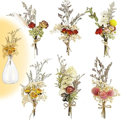 HONGECB 6 Bündel Trockenblumenstrauß, Klein Natürliche Getrocknete Blumen, Trockenblumen Zum Basteln, Mini Trockenblumen für Geschenk Wohnungseinrichtung, für Bilderrahmen Scrapbooking (6 Bündel)