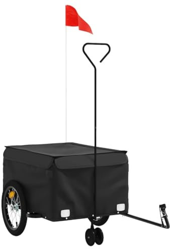 vidaXL Bike Trailer-Cargo Cart/Bicycle gy-Black Iron 45kg Load w/Oxford Fabric-70x50x36cm Compartment-124x62.5x52cm Total Size-Safety Flag Included