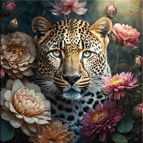 artissimo, Glasbild, 30x30cm, AG5502A, Tiere: Leopard Vintage, Bild aus Glas, Wandbild Wohnzimmer modern, Blumen und Blüten, Boho-Style