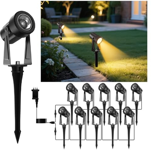 GLOBELIT Garden Spike Lights 150FT, 10-Pack 360° Adjustable Garden Spot Lights - IP65 Waterproof, 3000K Warm White, 30° Beam Angle - Ground/Wall Mount Outdoor LED Mains Powered (Black)