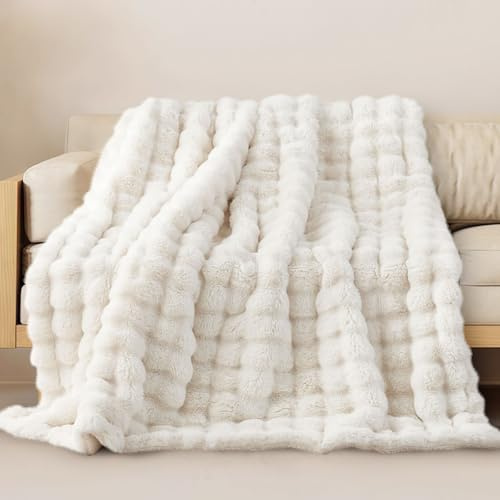 Miyacare Coperta Plaid Super Morbida Pile Peluche di Coniglio Caldo e Spesso, Caldo accogliente divano tiro, Versatile Coperta Matrimoniale per Camera da Letto Viaggi (Bianco, W100 x L160CM)