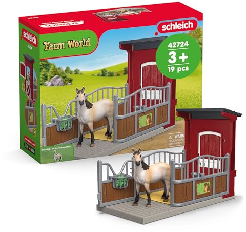 schleich Farm World | Ponybox mit Mustang Stute 42724 | Set aus Pferd, Pferdebox und Pferde Zubehör | detaillierte Tierfiguren | Bauernhof Spielzeug für Kinder ab 3 Jahre | Set aus 19 Teilen