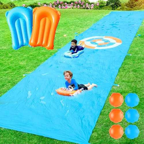 2 in 1 Slip Water Slide and Toss Game, 40FT Slip Lawn Water and Slide for Kids Adults, Summer Outdoor Toy with 2 Bodyboards&6 Water Bags, Backyard Water Toy for Kids Ages 4 6 8 10