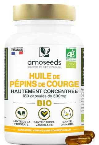 Huile de Pépins de Courge BIO | Prostate, Santé urinaire | Huile pressée à froid | 180 capsules végétales, vegan | Conditionné en France | Qualité Supérieure