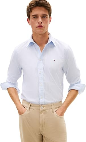 Tommy Hilfiger herr CORE Flex POP klassisk STP-skjorta MW0MW41403 L/S skjorta, blå, M, Blå (söt blå/randig), M