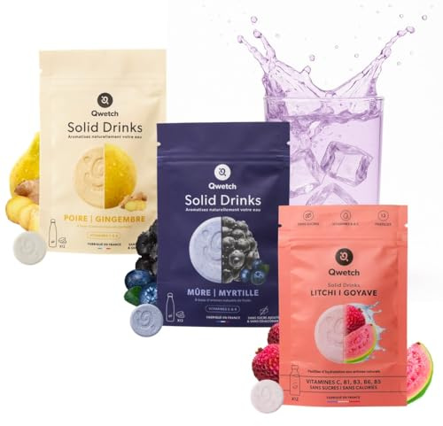 Qwetch SOLID DRINKS – 36 Pastilles d'hydratation avec Vitamines C & B – Boisson Sans Sucres – Saveurs Poire&Gingembre, Mûre&Myrtille, Litchi&Goyave – Vegan, Zéro Calories, Fabriqué en France