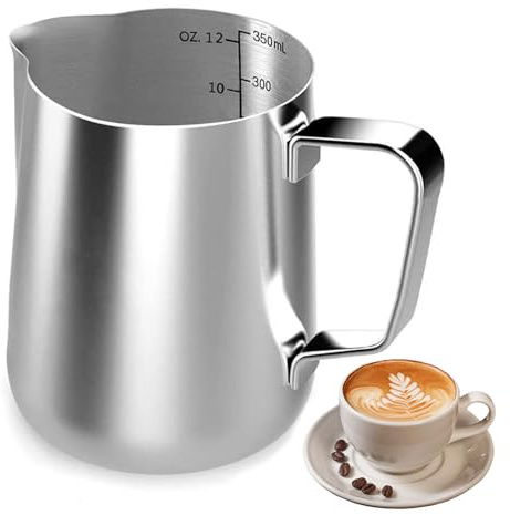 AMSGANK Bricco Latte Acciaio Inox, 350 ml Milk Frothing Pitcher con Segni di Misurazione Bollilatte Multifunzionale Accessorio per Baristi Domestici per Cappuccino, Espresso, Latte Art