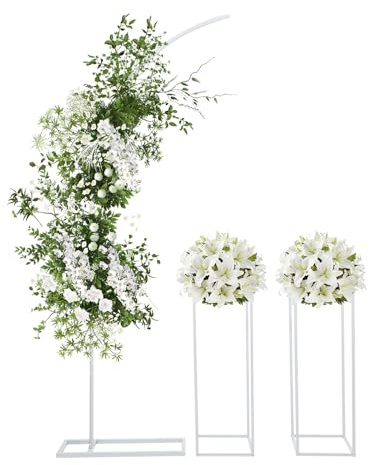 Blomställ set med 3 – vit bröllopsblomställ, växtpall blomstativ med 200 cm båge, 80 cm rektangel, perfekt för fest, bröllop och hem