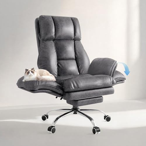 HOMRELEXA Bürostuhl Chefsessel Ergonomisch, Gaming Stuhl mit Fußstütze & 135° Verstellbarer Rückenlehne, Drehstuhl mit klappbaren Armlehnen, Hochlehner aus Premium Tech Stoff – Grau