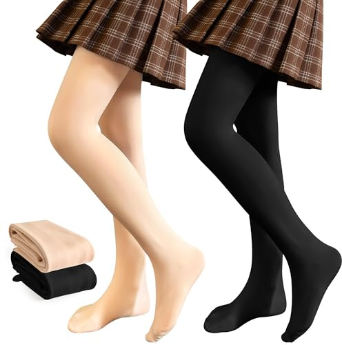 JinBei Medias Niñas con Forro Polar Mallas Térmicas con Pies Opacas 2 Pares Cintura Alta Elásticas Suave Leggings Invierno Leotardos Color Carne Negro para Escuela Ballet Danza, 2-4 años