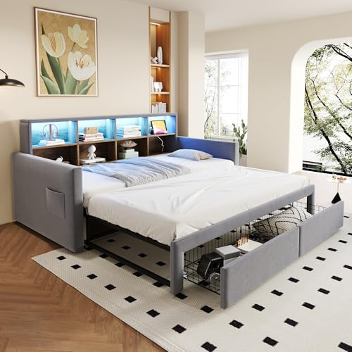 Kebnor Cama tapizada extensible, sofá cama 90/180 x 190 cm, cabecero con compartimentos de almacenamiento integrados, barra de luz LED y enchufes de carga, con dos cajones y somier, tela de terciopelo