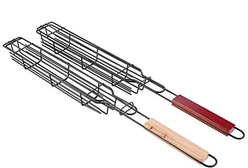 Set di cestelli per griglia da 2 pezzi, porta salsicce portatile in acciaio inox, cestello per griglia antiaderente con manico in legno, per salsicce al barbecue, hot dog,