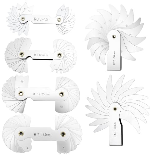 Jauges de Rayon 6 Pièces Jauge de Rayon Jauge de Rayon en Métal | R0,3-1,5 / R1-6,5 / R7-14,5 / R15-25 / R25-50 / R52-100 | Outil de Mesure Précis | Idéal pour Surfaces Concaves et Convexes