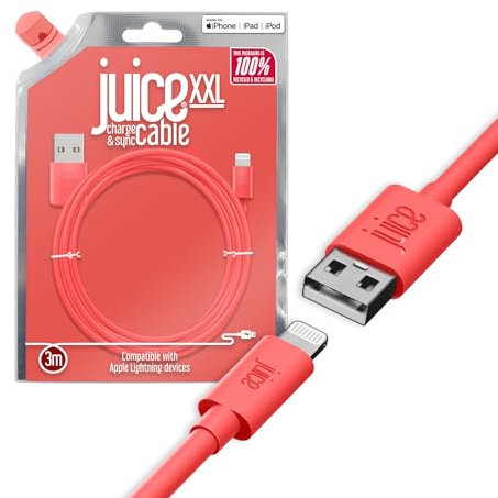 Juice Apple iPhone Lightning 3m Charger and Sync Cable for Apple iPhone 14, 14 Pro, 13, 13 Pro, 12, 12 Mini, SE, 11, XS, XR, X, 8, 7, 6, 5, iPad, Pro, Air, Mini, Airpods Pro - Coral