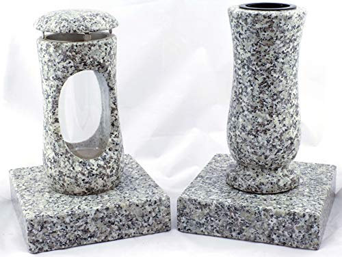 designgrab Farol pequeño para cementerio con jarrón y 2 pedestales de granito, muy similar al camuflaje y Bianco Sardo