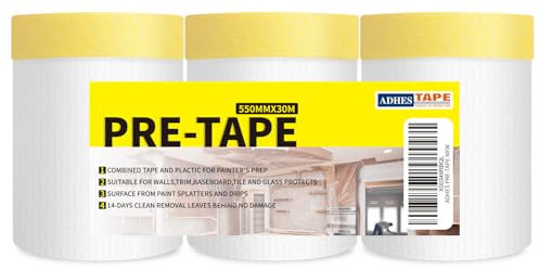 ADHES Abdeckfolie Mit Klebeband, Malerband Abdeck-Folie, Malerfolie Malerkrepp Für Lackieren, Staubschutz, Schutz von Möbeln, 550mm X 30m, 3 Rollen