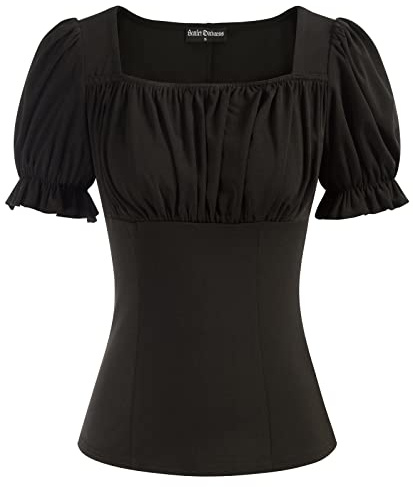 Peasant Tops for Women Vintage Puff Sleeve Square Neck Renaissance Shirt Black XL
