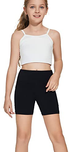DEVOROPA Girls 5 Spandex Volleyball Shorts Stretch Youth Athletic Gymnastics Shorts Kid Yoga Dance Compression Shorts Pocket Black Medium